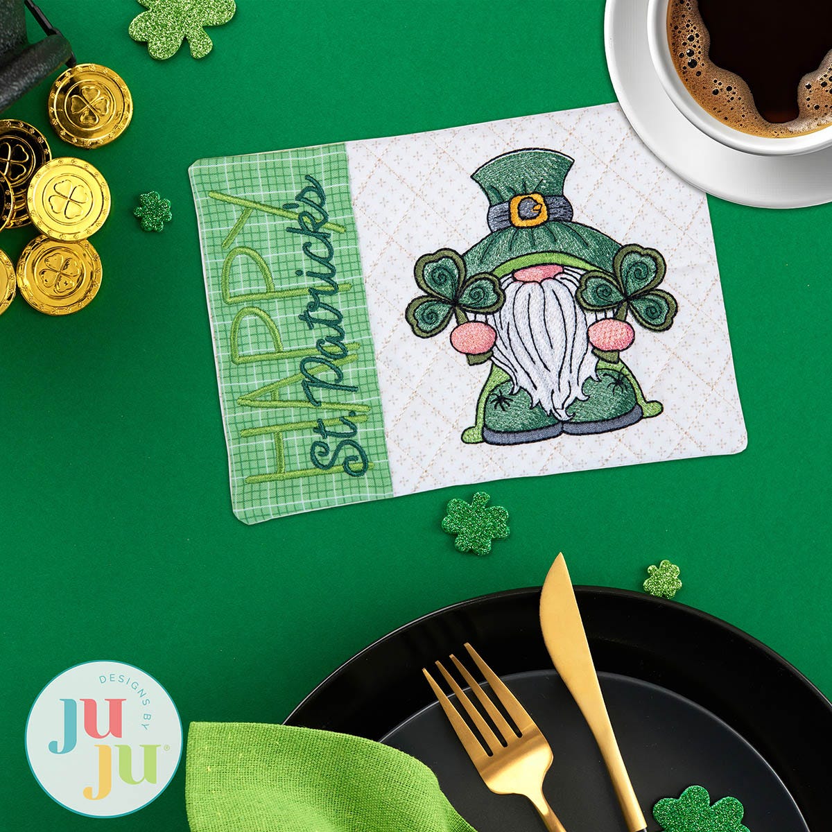 In The Hoop St. Patrick's Gnome Mug Rug Project | Machine Embroidery Designs by JuJu