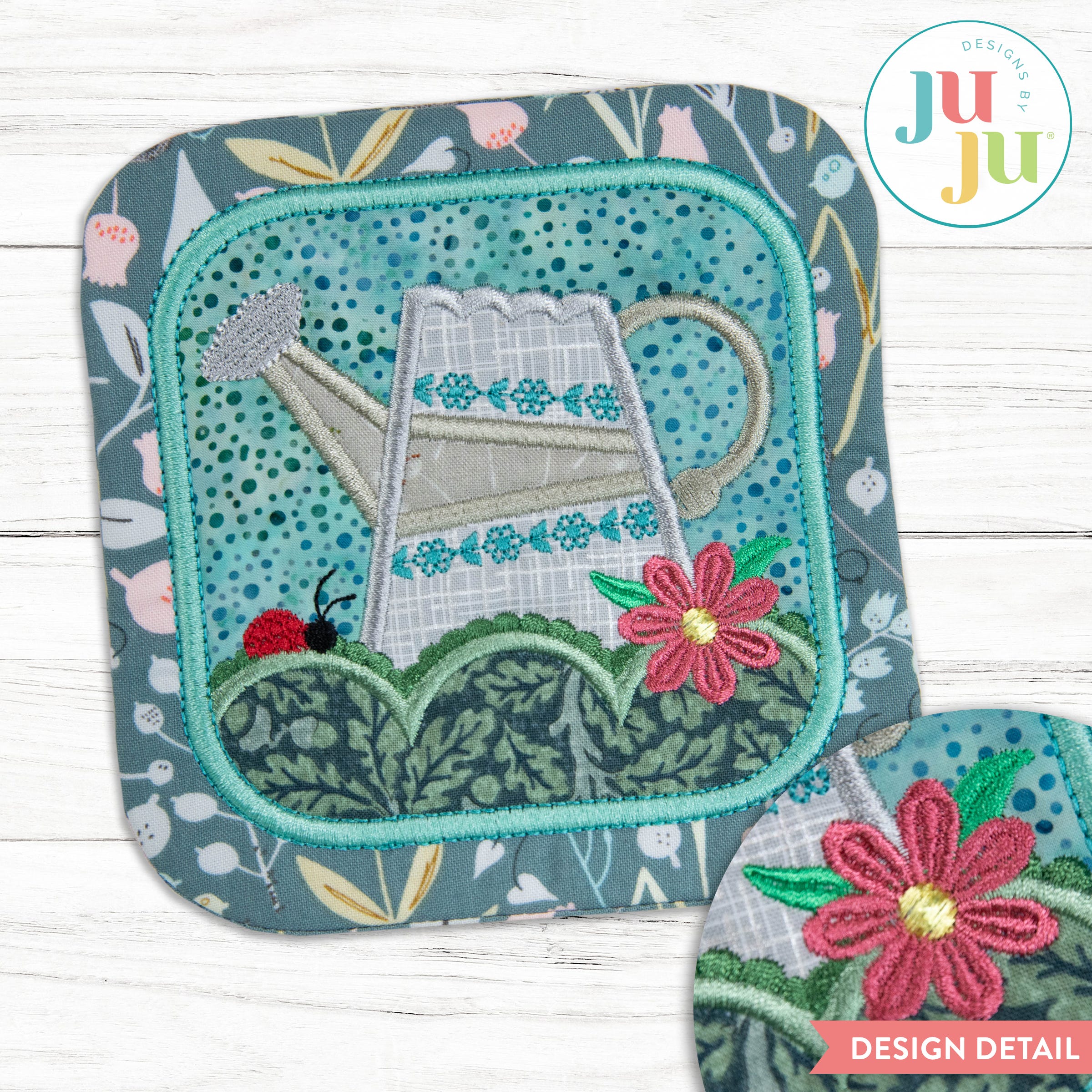 In The Hoop Watering Can Coaster Project | Machine Embroidery Designs by JuJu
