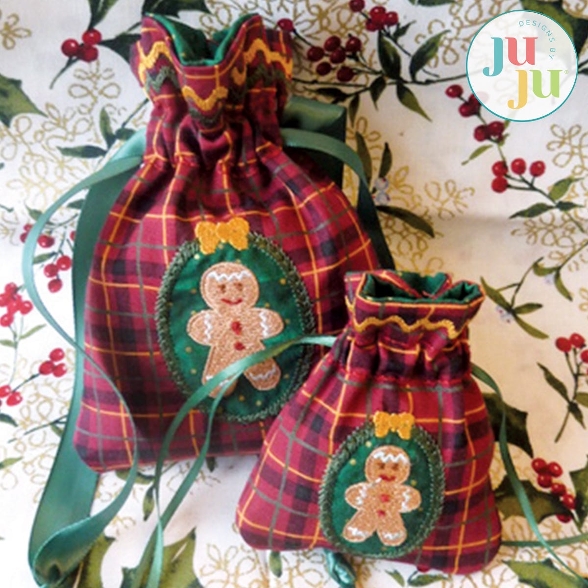 In The Hoop Gingerbread Draw String Bags Project by Oma's Place | Machine Embroidery Designs by JuJu