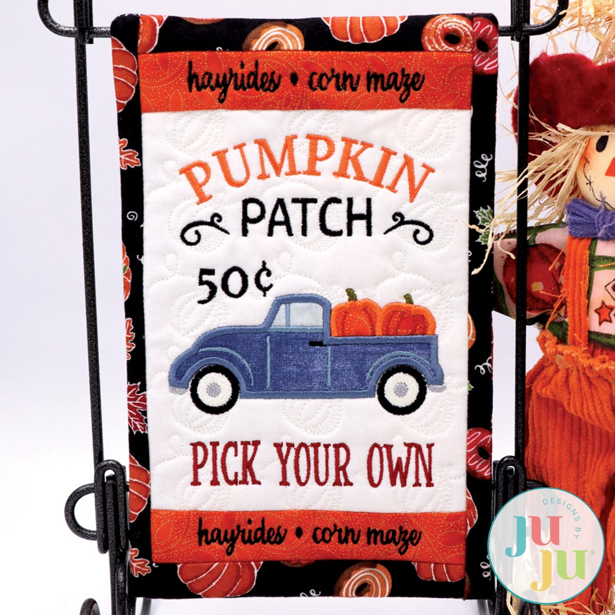 In The Hoop Pumpkin Truck Mini Quilt Project by Oma's Place | Machine Embroidery Designs by JuJu