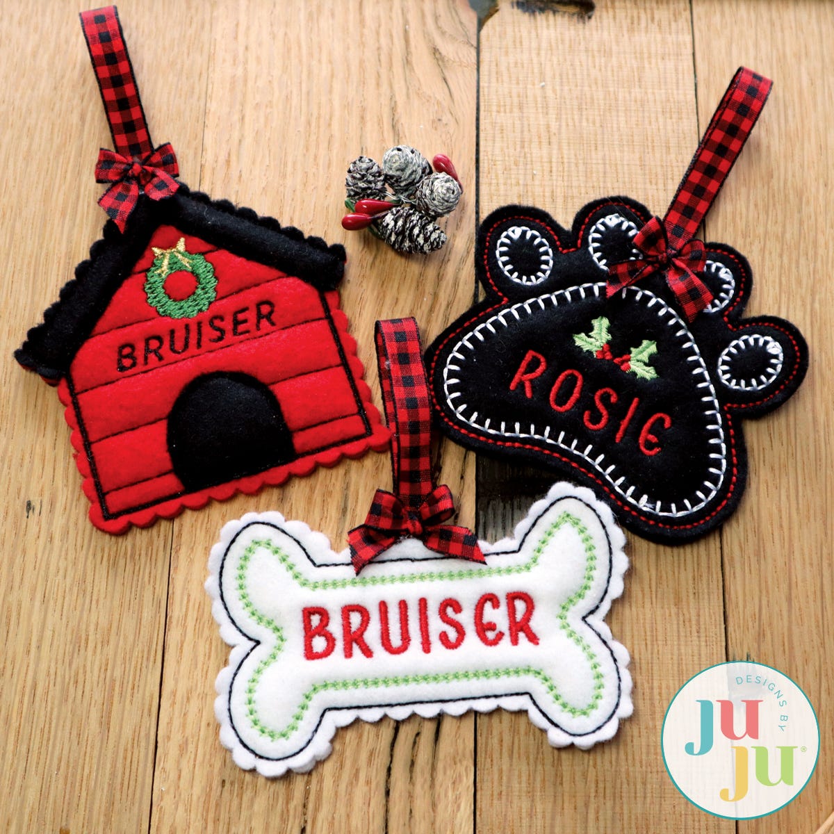 In The Hoop Christmas Ornaments for Dogs Project by Oma's Place | Machine Embroidery Designs by JuJu