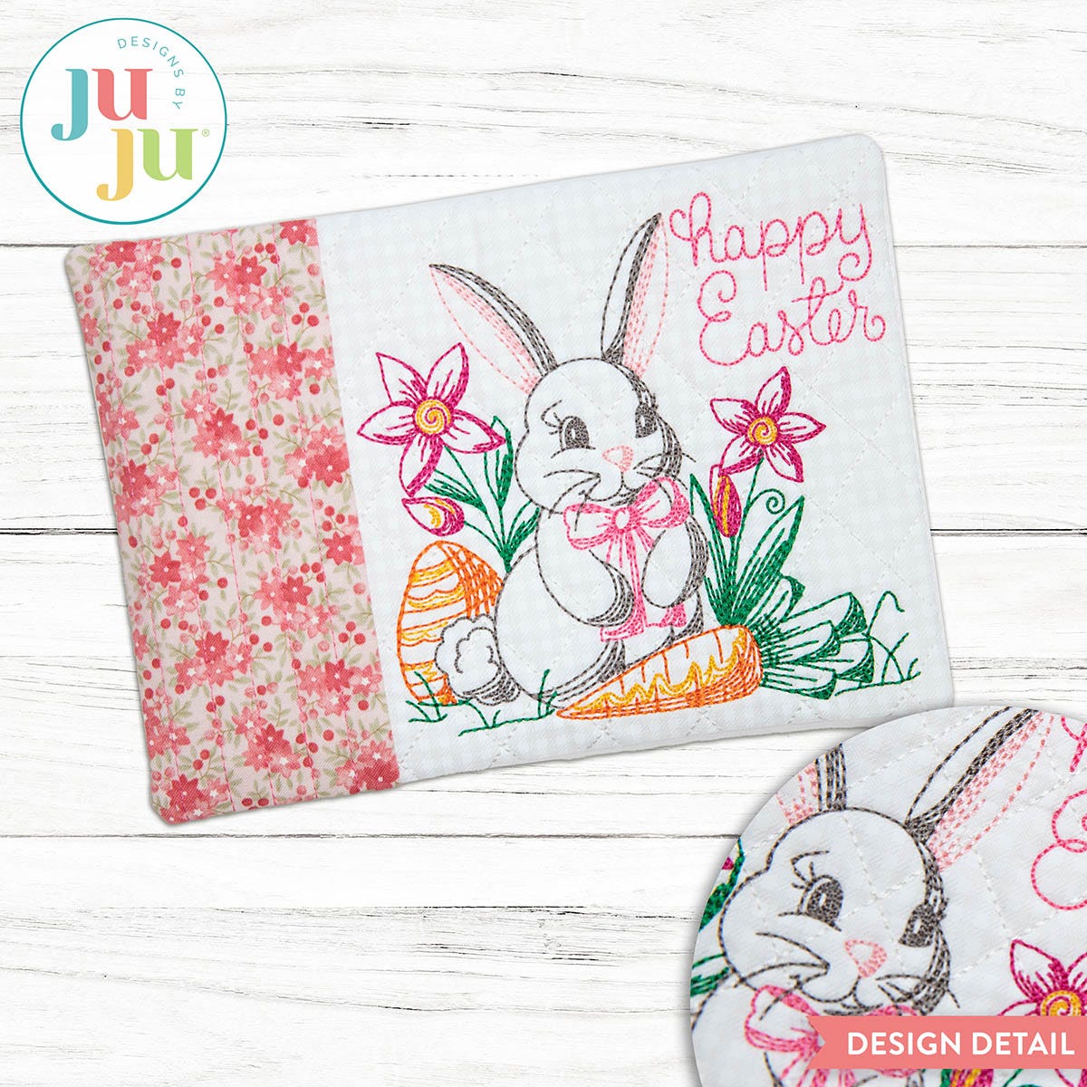 In The Hoop Happy Easter Bunny Mug Rug Project | Machine Embroidery Designs by JuJu