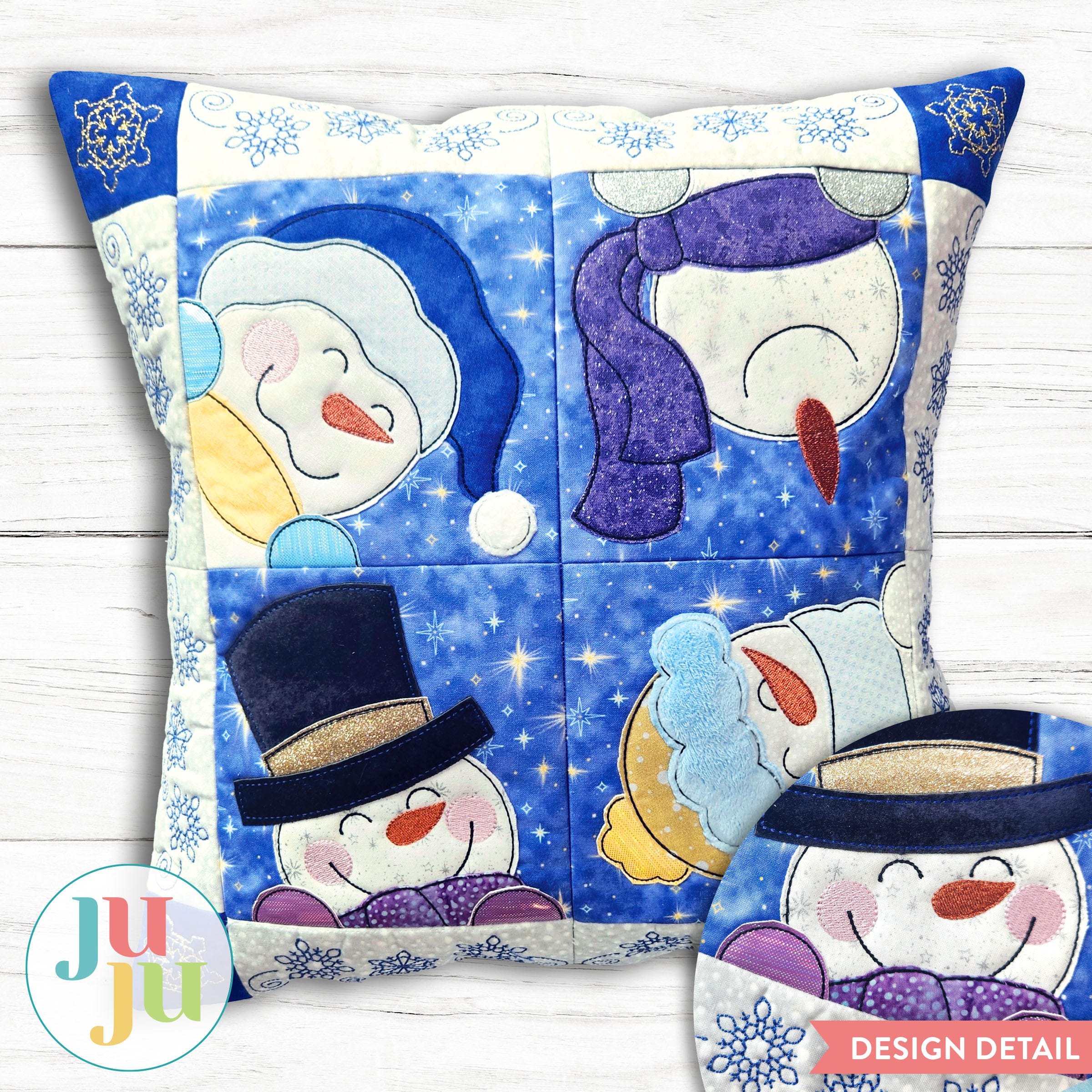 In The Hoop Snowman Patchy Pillow Bean Stitch Project | Machine Embroidery Designs by JuJu