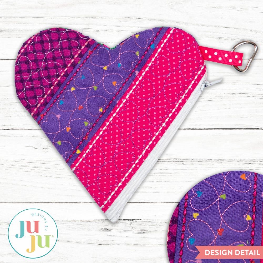 In The Hoop Heart Zipper Bag Project | Machine Embroidery Designs by JuJu
