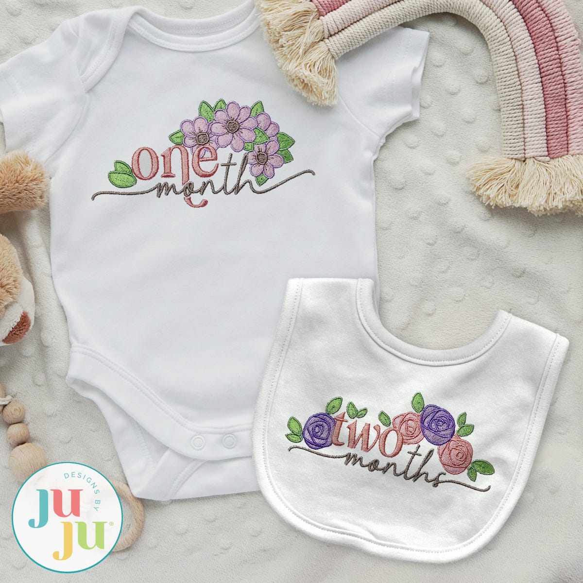 Floral Baby Milestones Embroidery Set | Machine Embroidery Designs by JuJu
