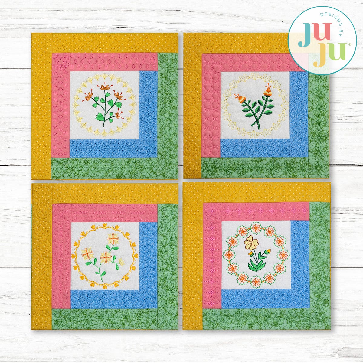 In The Hoop Log Cabin Botanical Blocks Project Set 3 | Machine Embroidery Designs by JuJu