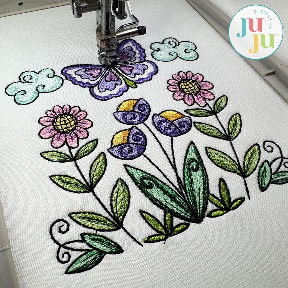 Butterfly Flowers Embroidery Design | Machine Embroidery Designs by JuJu