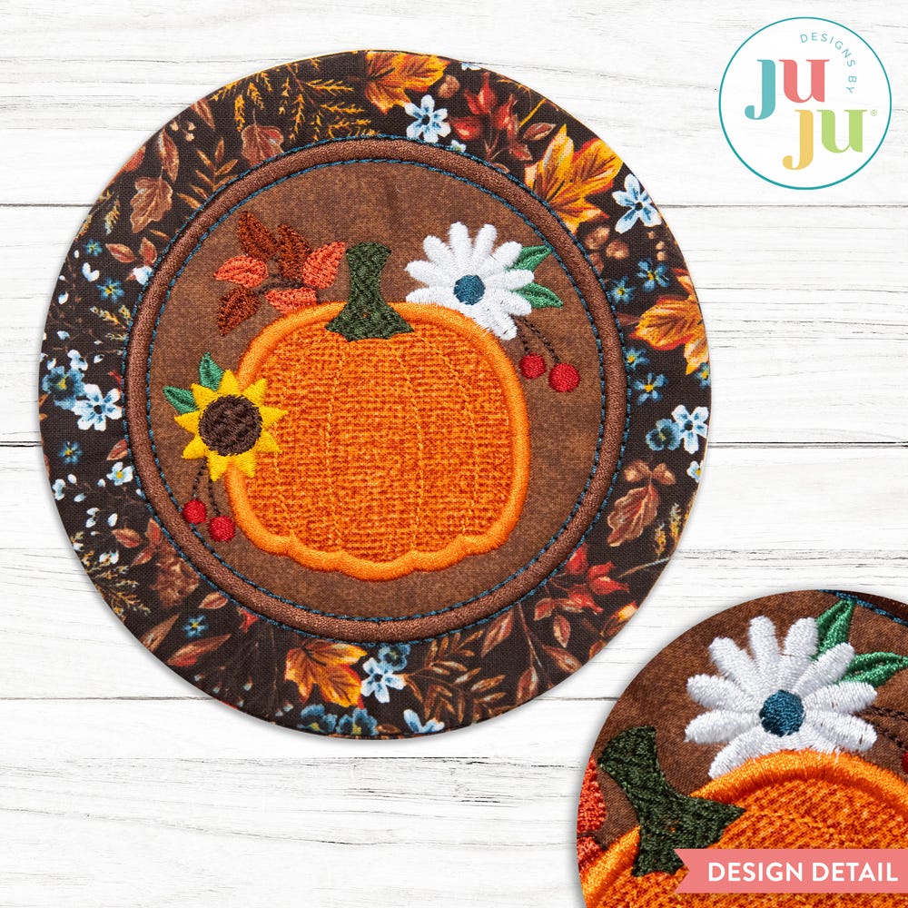 In The Hoop Pretty Pumpkin Coaster Project | Machine Embroidery Designs by JuJu