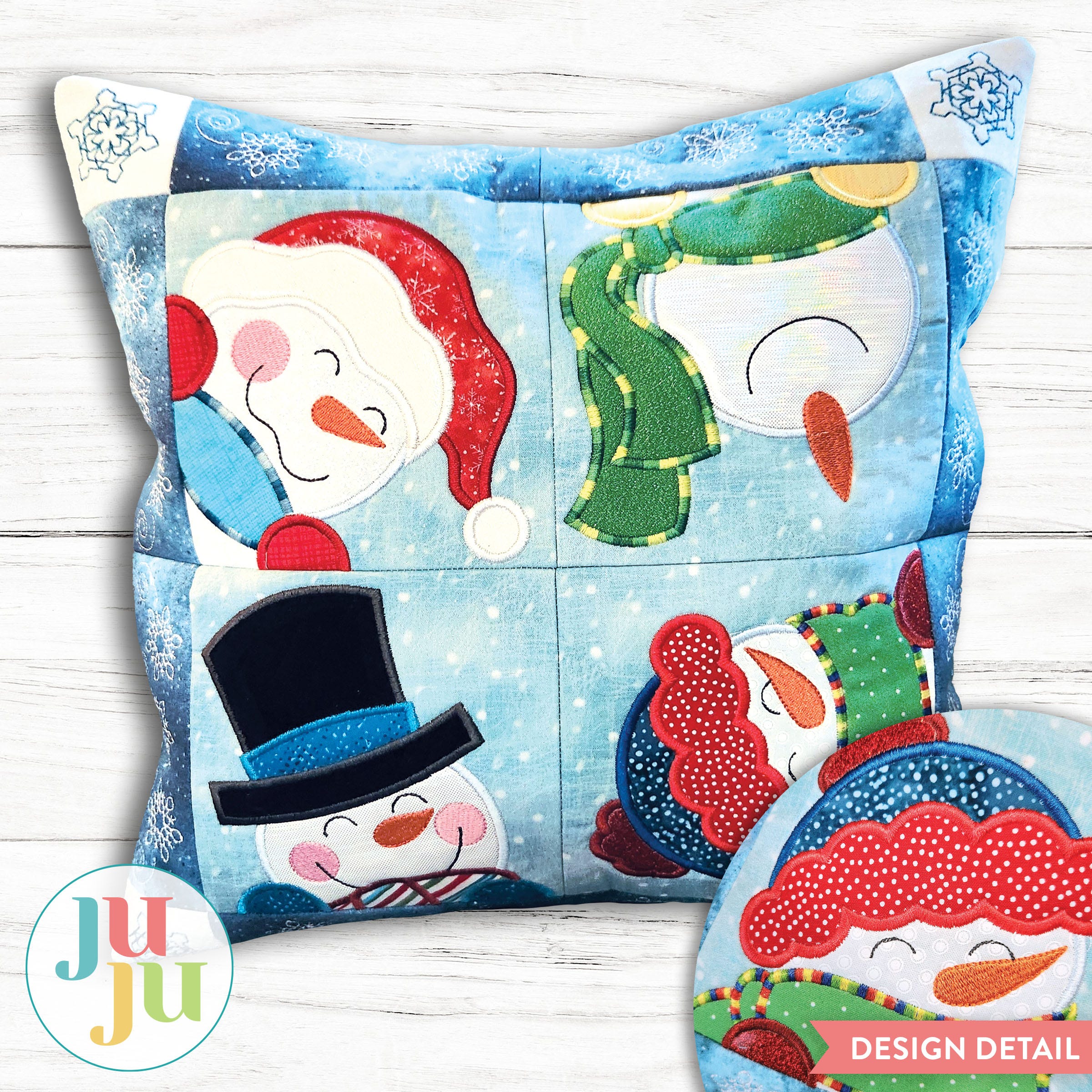 In The Hoop Snowman Patchy Pillow Satin Stitch Project | Machine Embroidery Designs by JuJu
