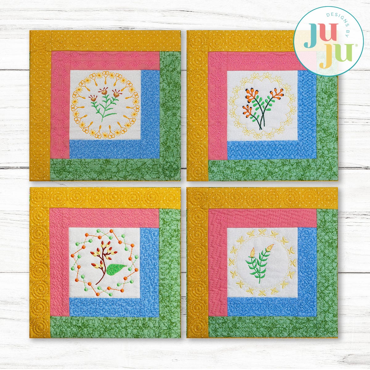 In The Hoop Log Cabin Botanical Blocks Project Set 4 | Machine Embroidery Designs by JuJu