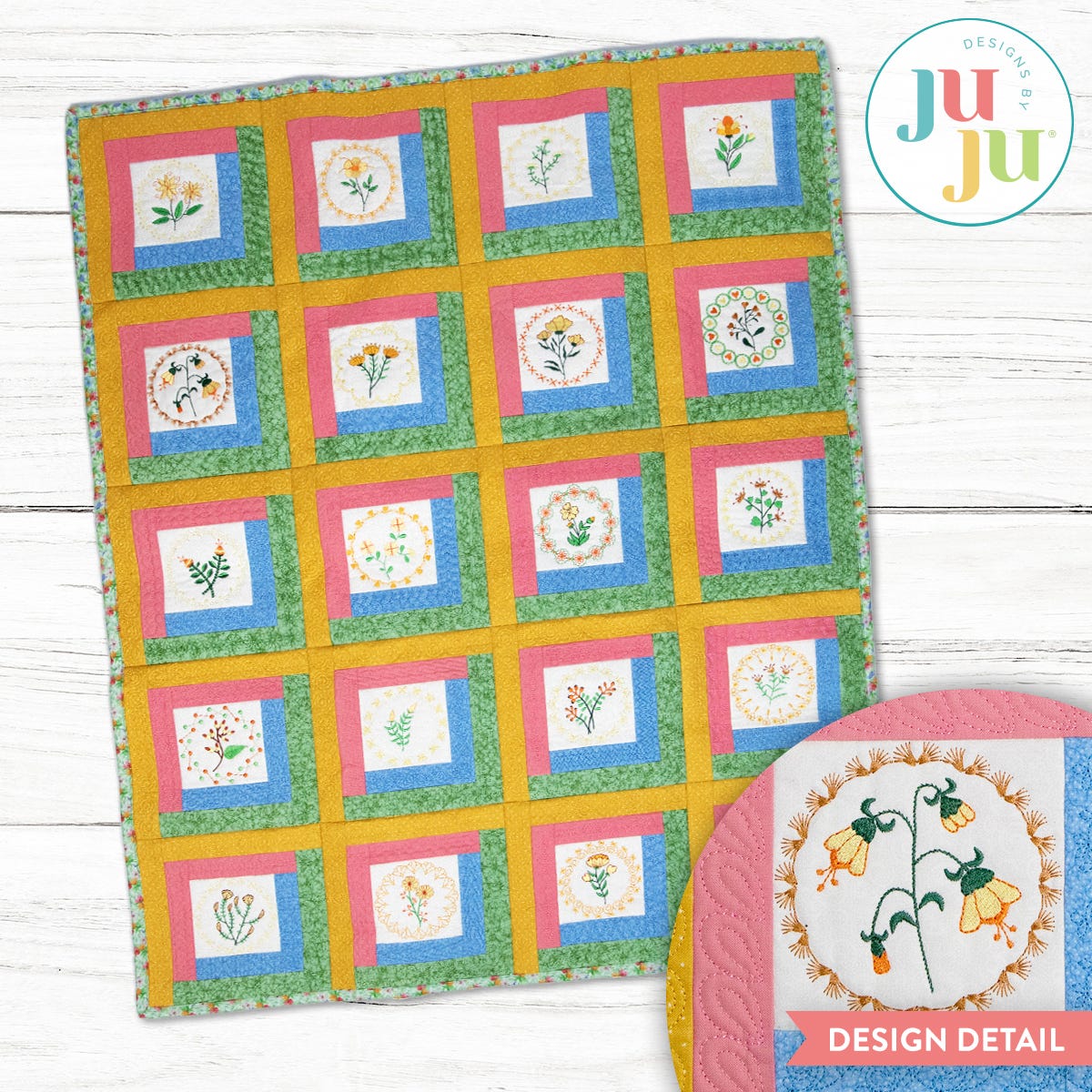 In The Hoop Log Cabin Botanical Blocks Project All Sets | Machine Embroidery Designs by JuJu