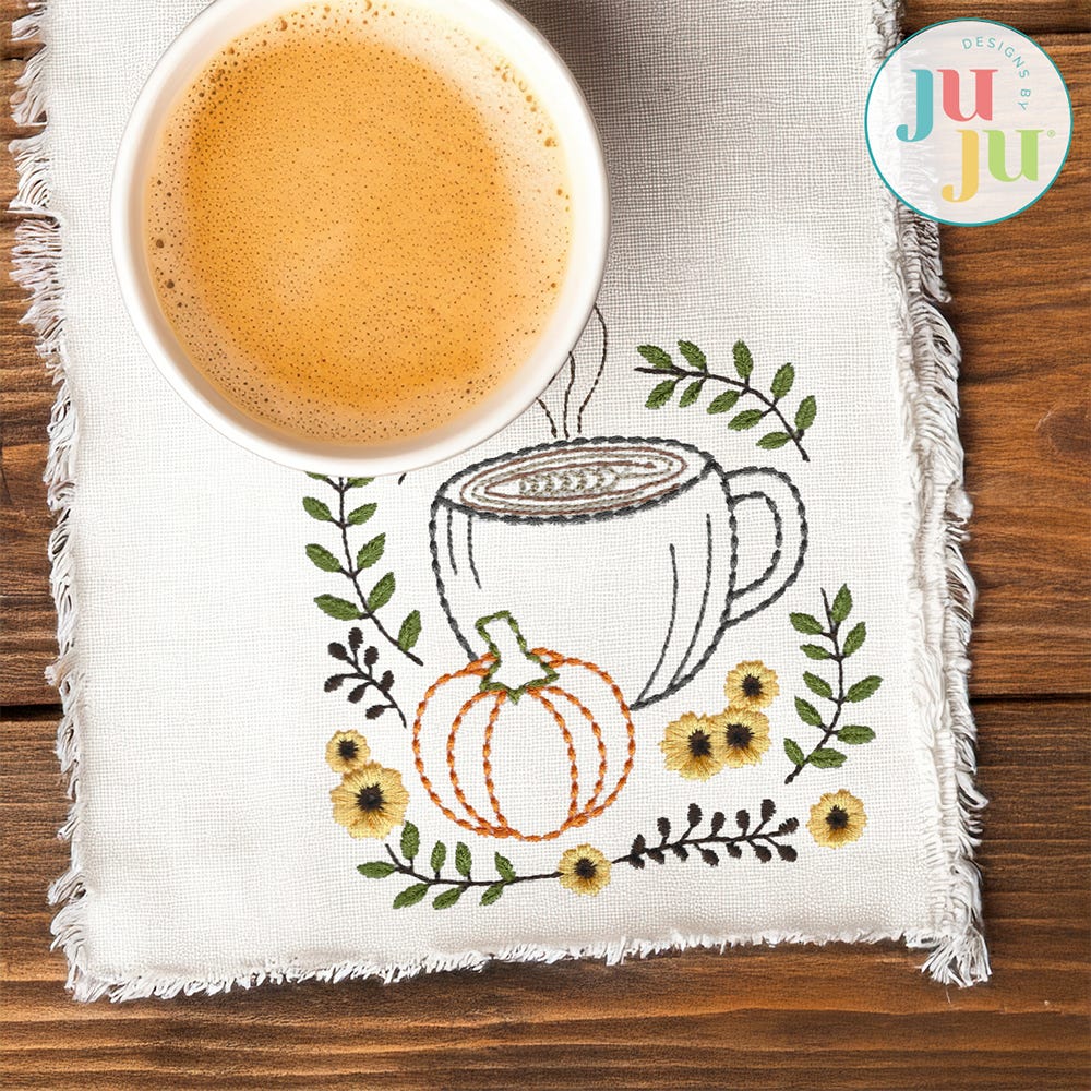 Heirloom Garden Coffee Pumpkin Embroidery Design | Machine Embroidery Designs by JuJu
