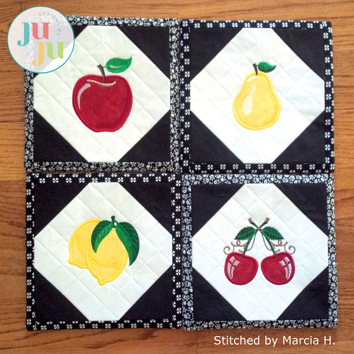 In The Hoop Fruit Themed Hot Pads/Pot Holders Project by Oma's Place | Machine Embroidery Designs by JuJu