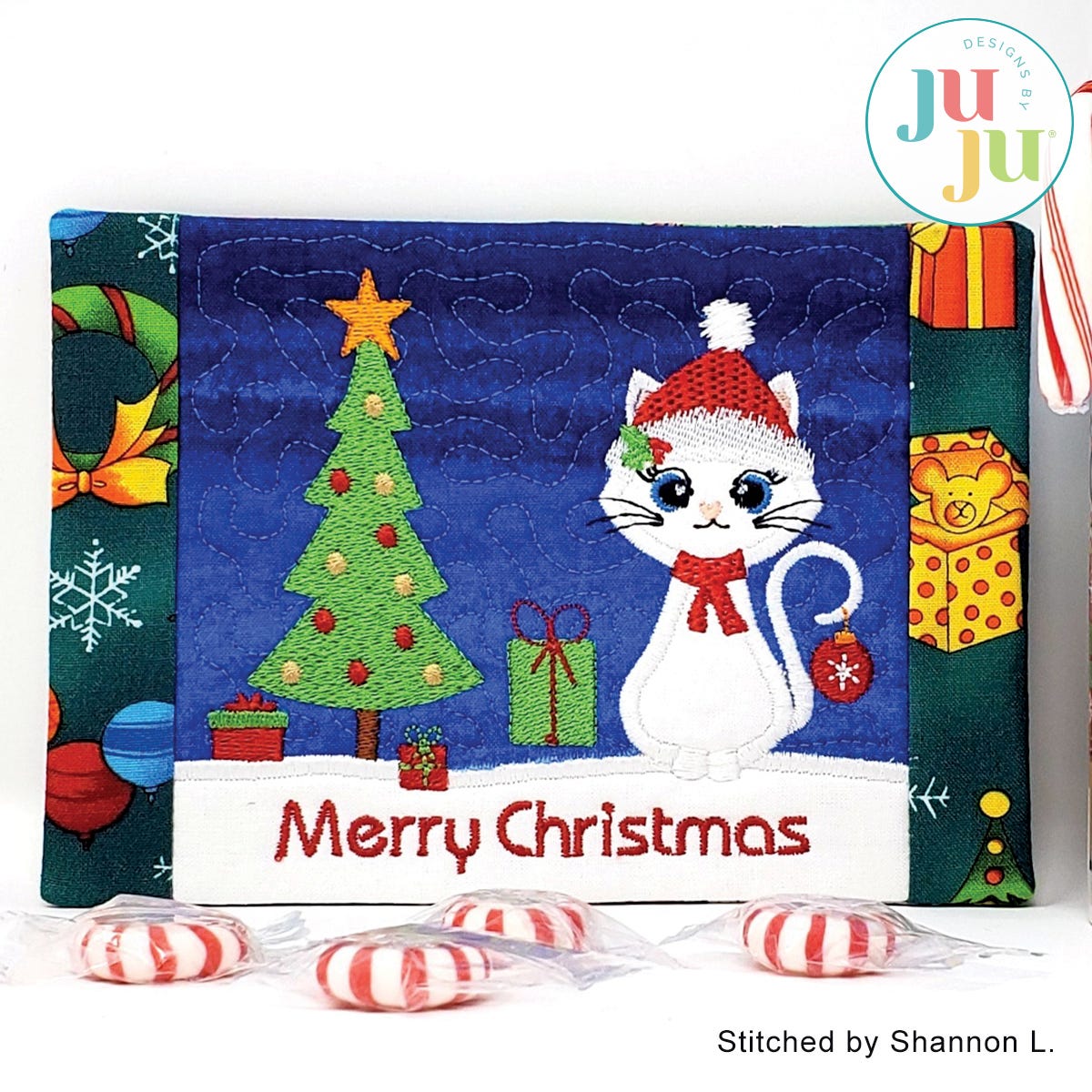 Christmas Cat Mug Rug by Oma's Place | Machine Embroidery Designs by JuJu