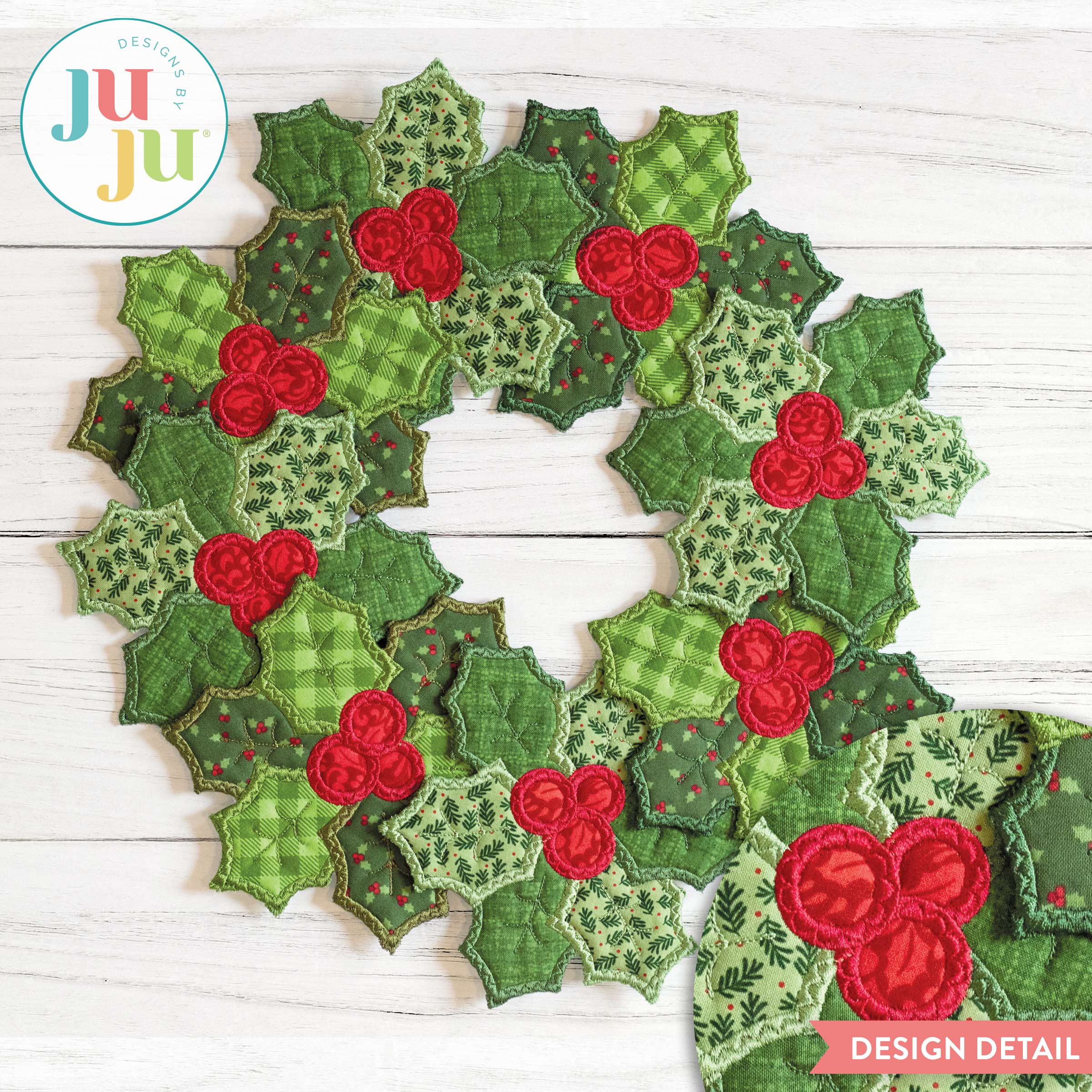 In The Hoop Christmas Holly Wreath Project | Machine Embroidery Designs by JuJu