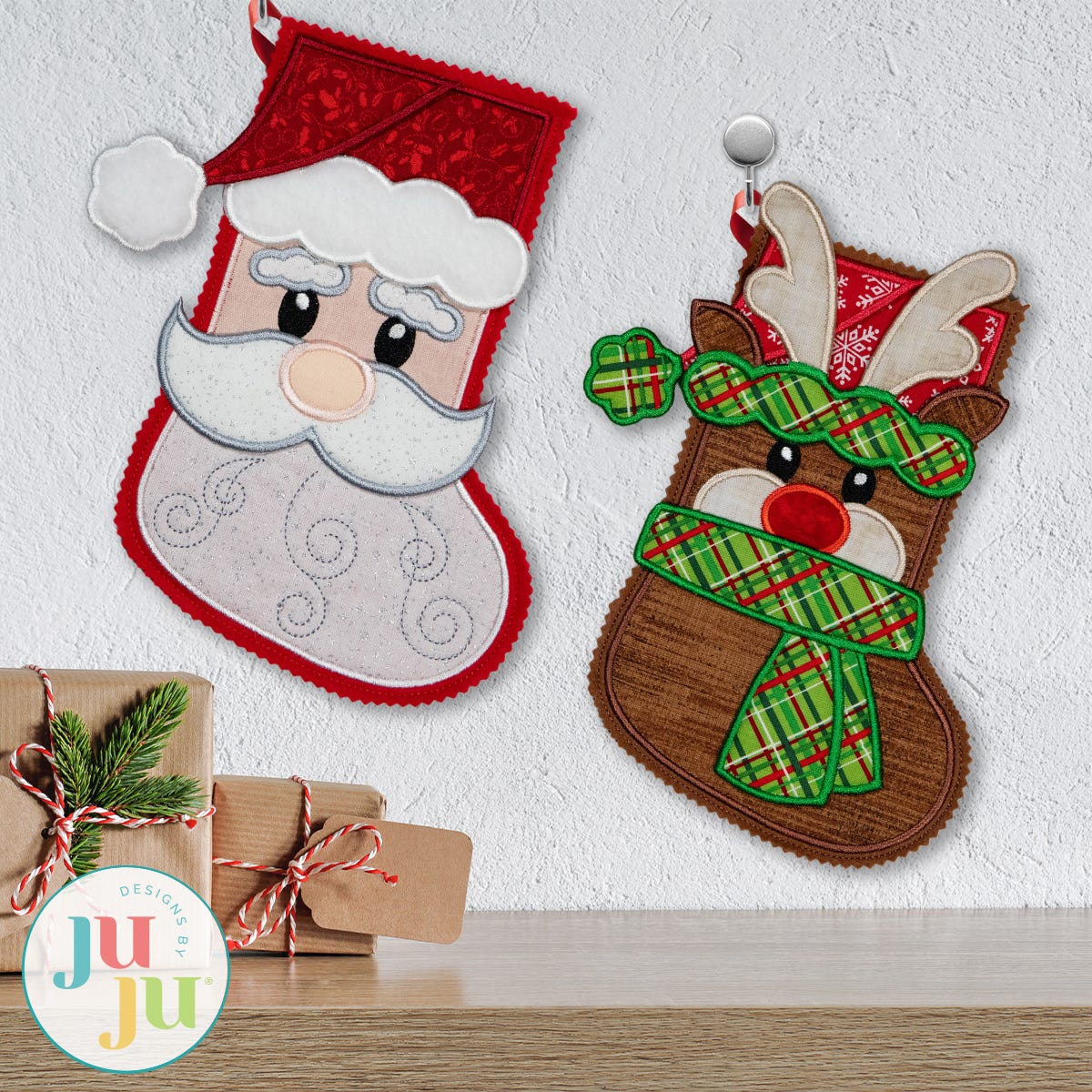 In The Hoop Santa and Rudolph Stockings Project | Machine Embroidery Designs by JuJu