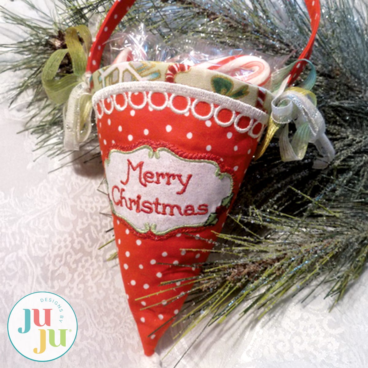 In The Hoop Merry Christmas Fabric Cone Project by Oma's Place | Machine Embroidery Designs by JuJu