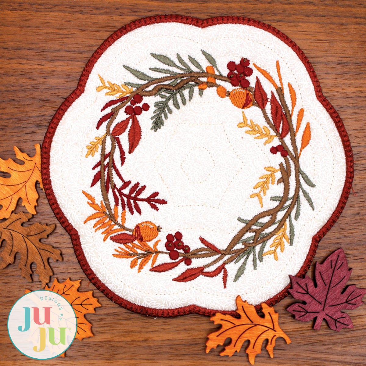 Fall Wreath Candle Mat by Oma's Place | Machine Embroidery Designs by JuJu