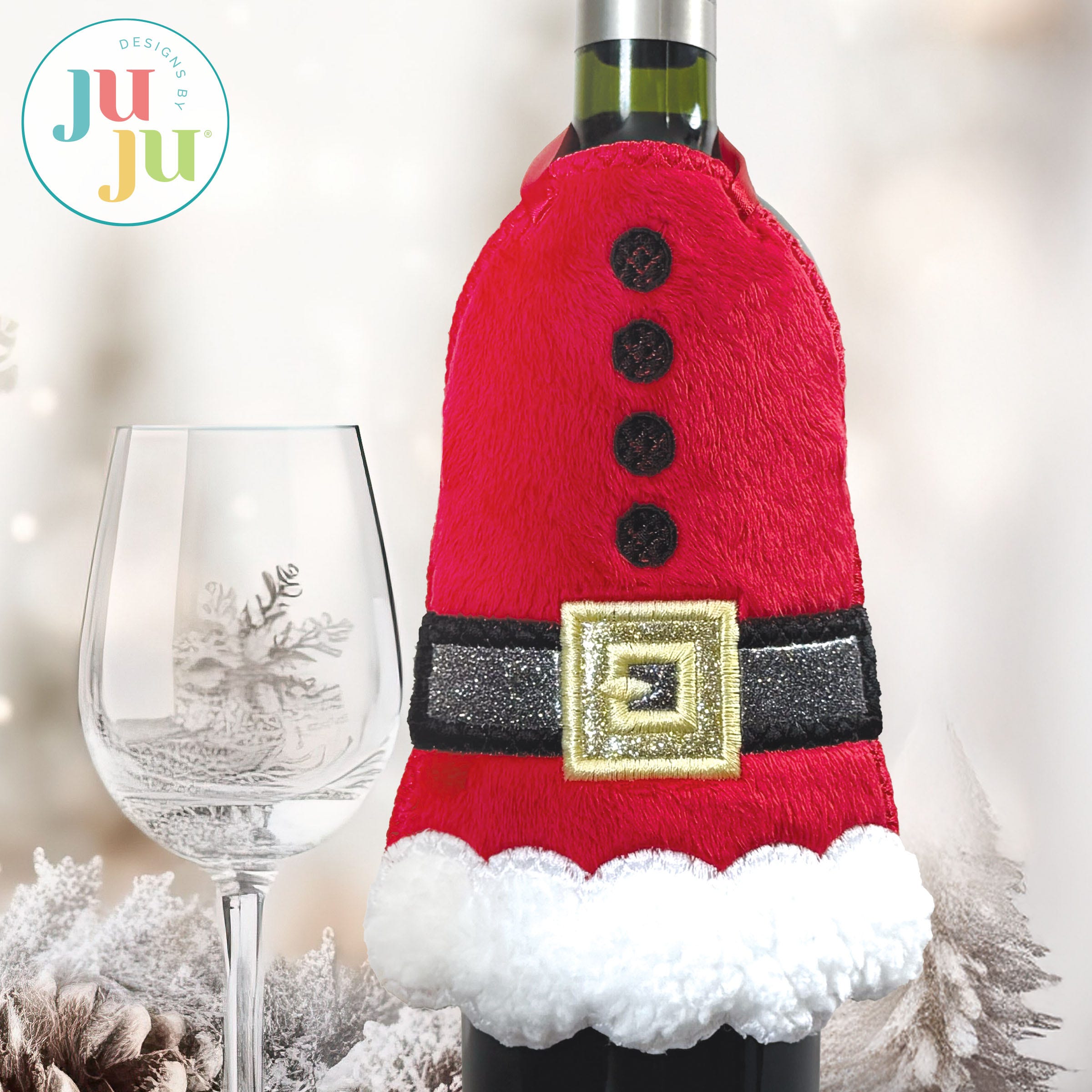In The Hoop Santa Suit Wine Bottle Wrap Project | Machine Embroidery Designs by JuJu