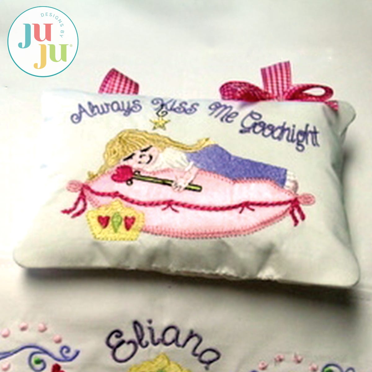 Always Kiss Me Pillow by Oma's Place | Machine Embroidery Designs by JuJu