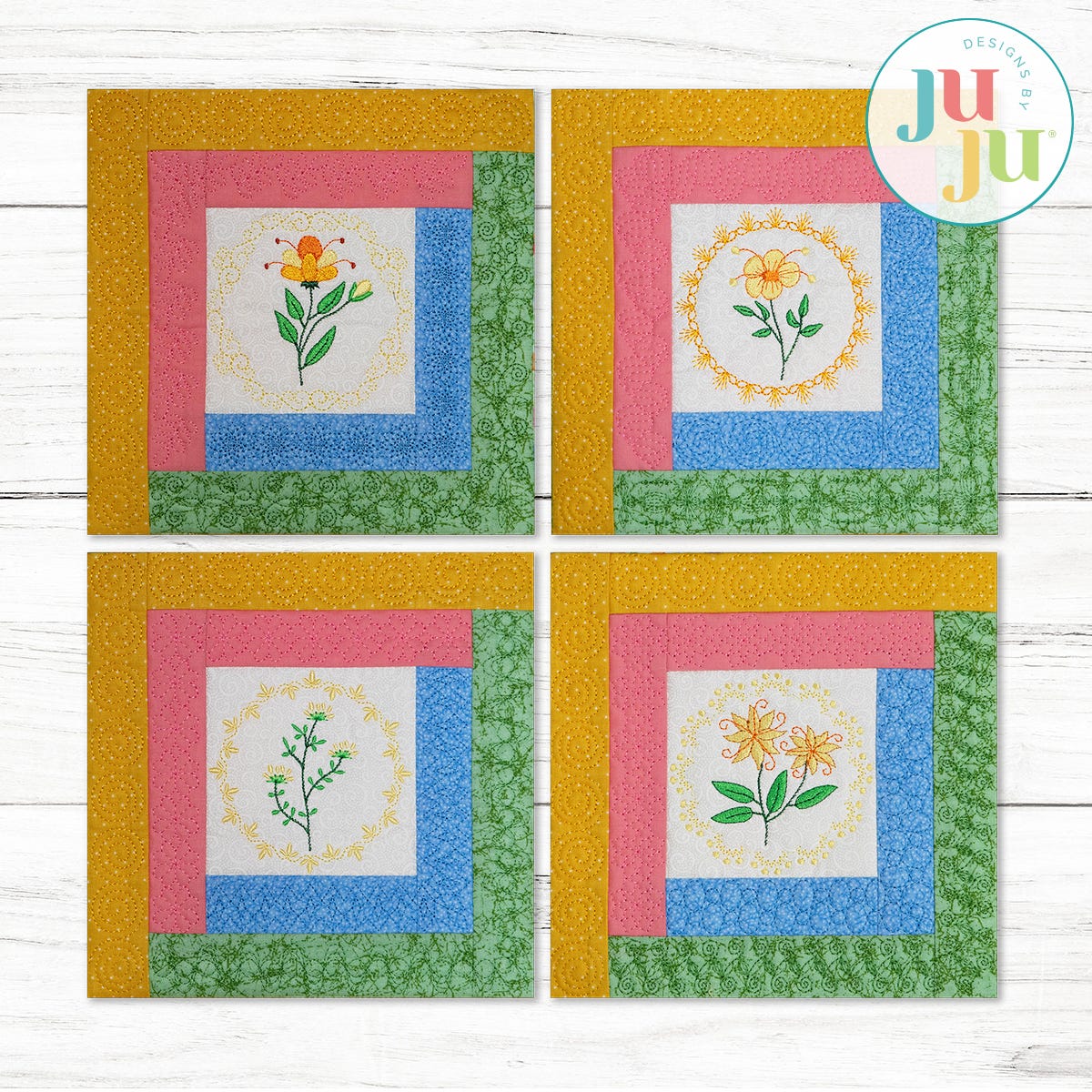 In The Hoop Log Cabin Botanical Blocks Project Set 1 | Machine Embroidery Designs by JuJu