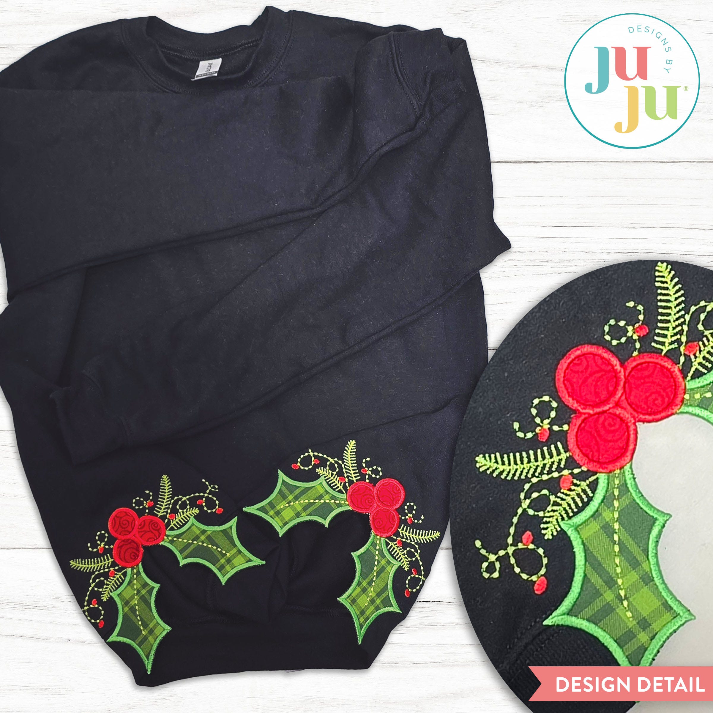 Holly Berries Side Seam Cutaway Applique Embroidery Design | Machine Embroidery Designs by JuJu