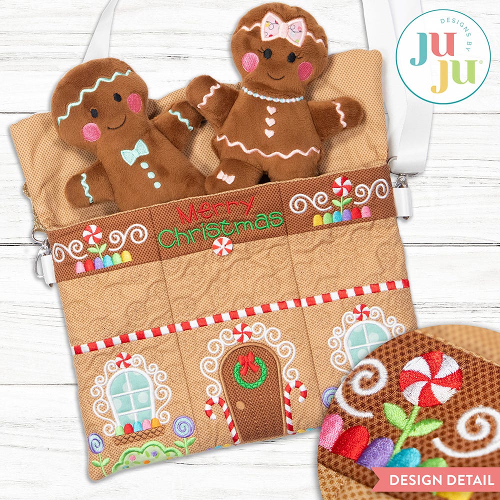 In The Hoop Gingerbread Bag With Dolls Project | Machine Embroidery Designs by JuJu