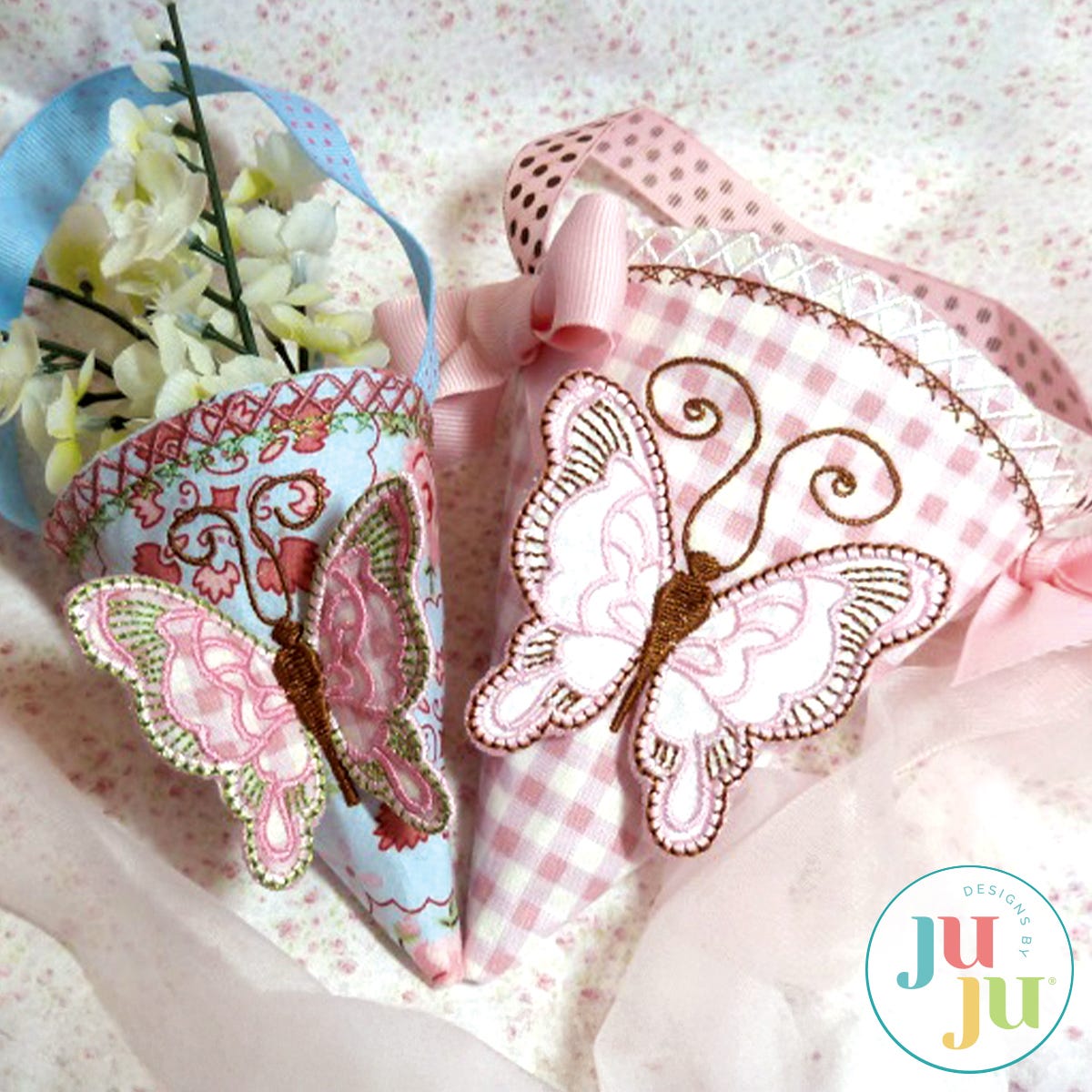 In The Hoop Butterfly Fabric Cone Project by Oma's Place | Machine Embroidery Designs by JuJu