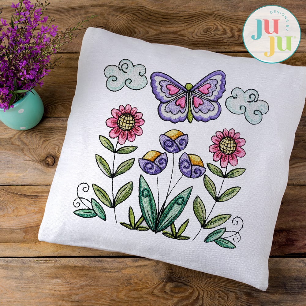 Butterfly Flowers Embroidery Design | Machine Embroidery Designs by JuJu
