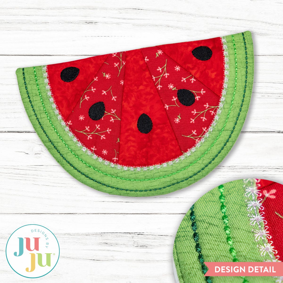 In The Hoop Watermelon Mug Rug Project | Machine Embroidery Designs by JuJu