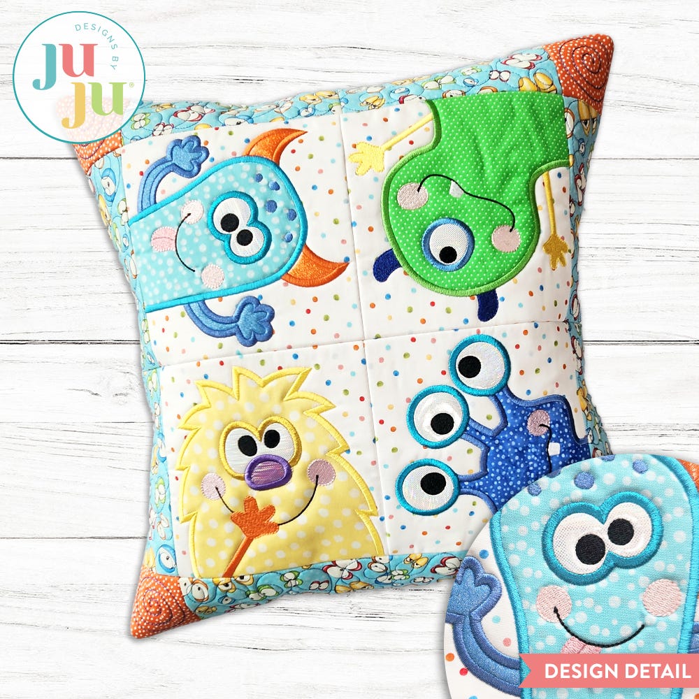 In the Hoop Monster Patchy Pillow Satin Stitch Project | Machine Embroidery Designs by JuJu