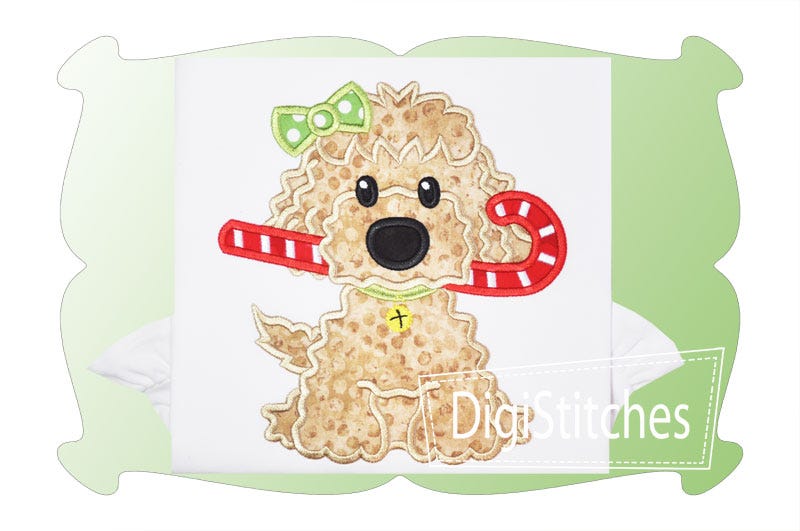 Dog With Candy Cane Girl Applique | Machine Embroidery Designs by JuJu