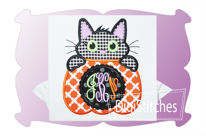 Halloween Kitty and Pumpkin Monogram Applique | Machine Embroidery Designs by JuJu