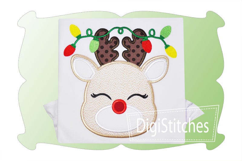 Reindeer With Christmas Lights Girl Applique | Machine Embroidery Designs by JuJu