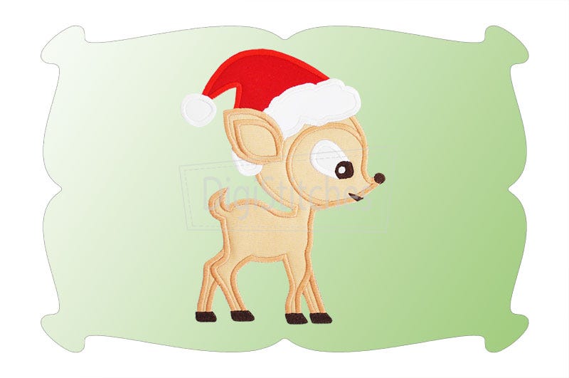 Reindeer With Santa Hat Applique | Machine Embroidery Designs by JuJu