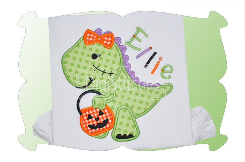 Trick or Treat Dinosaur Girl Applique | Machine Embroidery Designs by JuJu