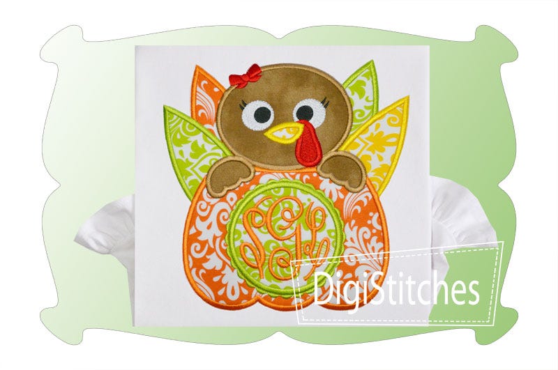 Turkey Pumpkin Monogram Girl Applique | Machine Embroidery Designs by JuJu
