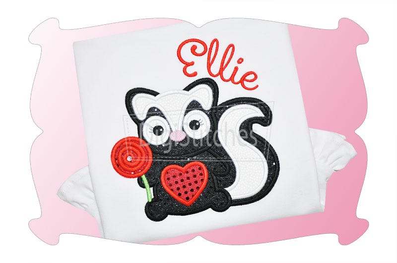 Valentines Day Skunk Applique | Machine Embroidery Designs by JuJu