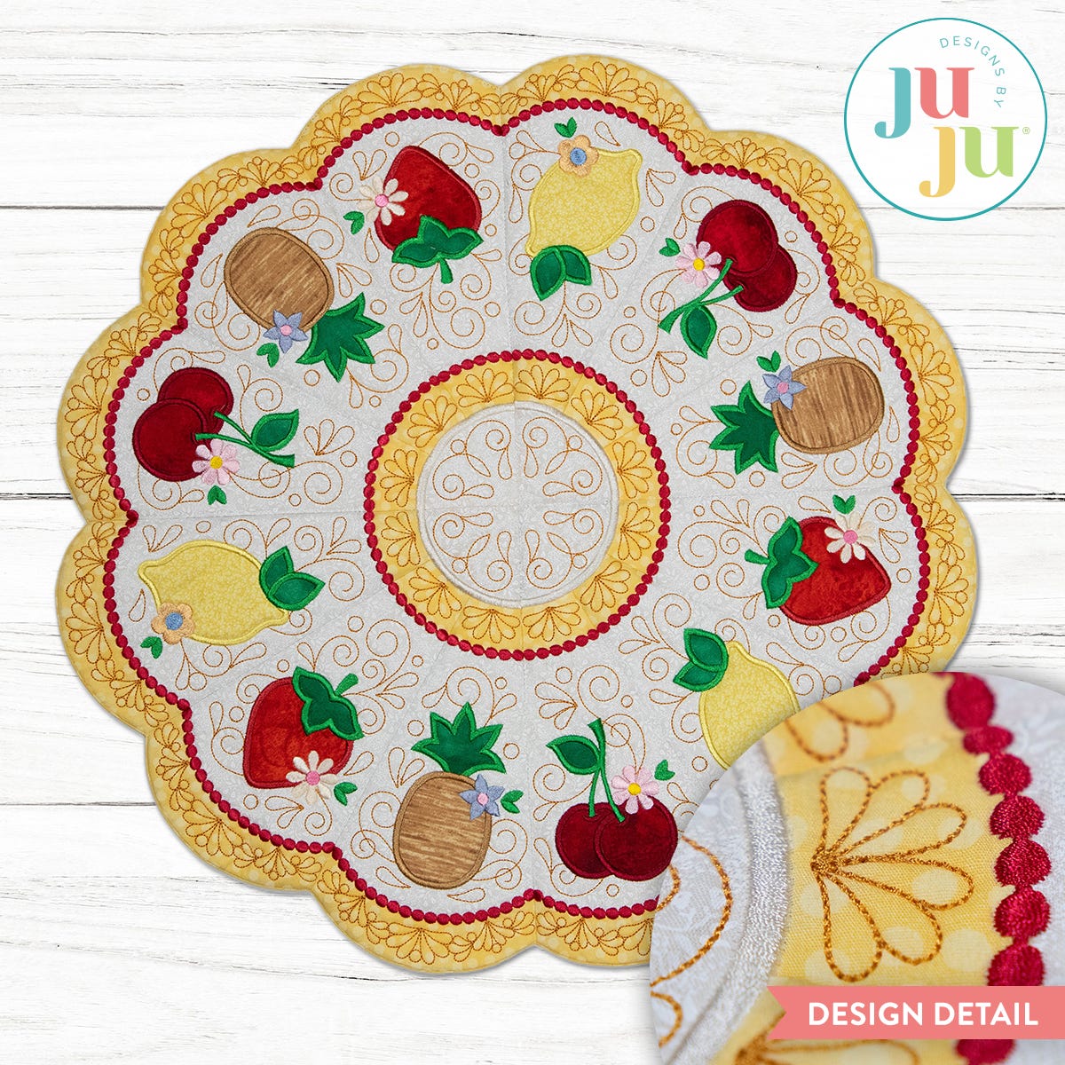 In The Hoop Scalloped Fruit Table Topper Project | Machine Embroidery Designs by JuJu