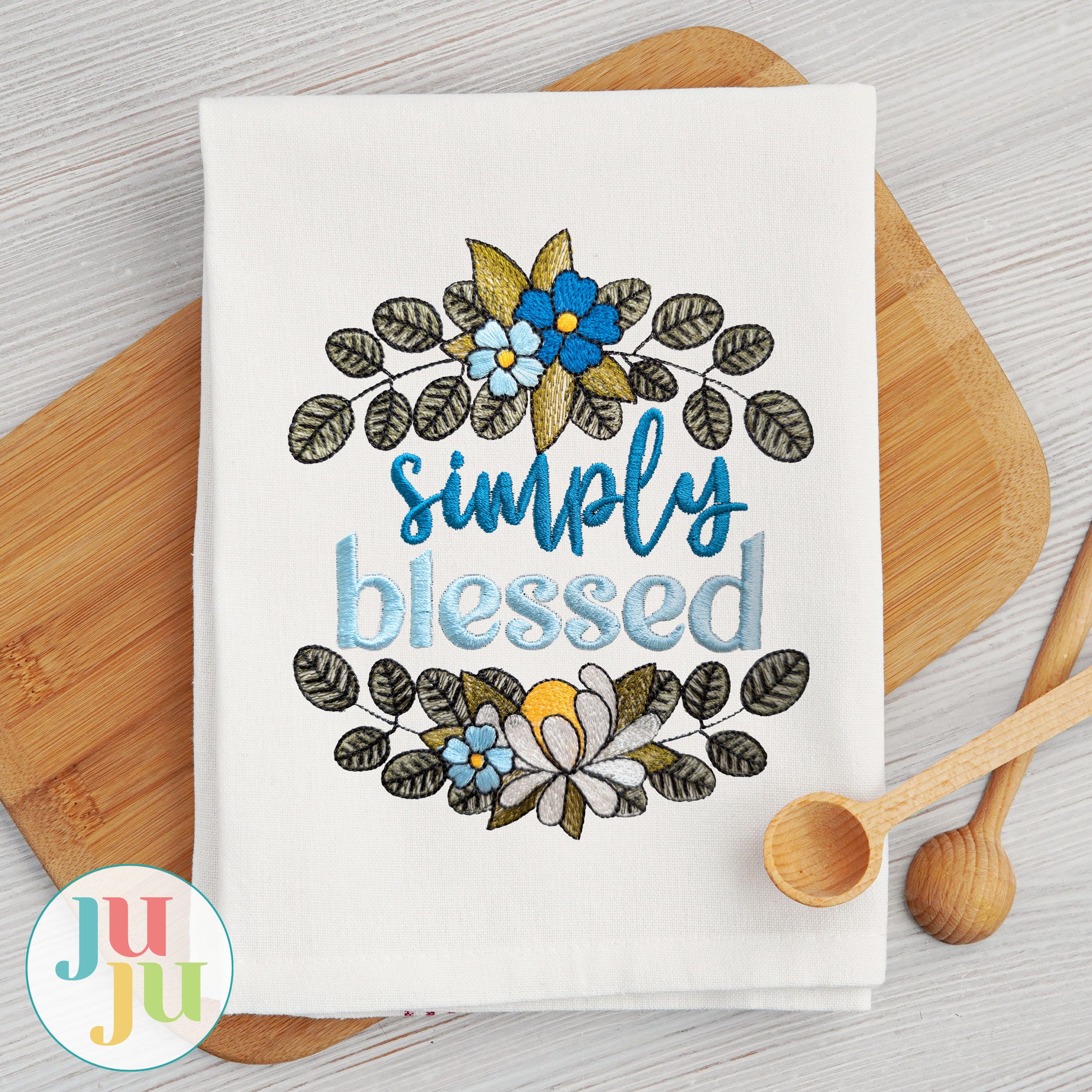Simply Blessed Word Art Embroidery Design | Machine Embroidery Designs by JuJu