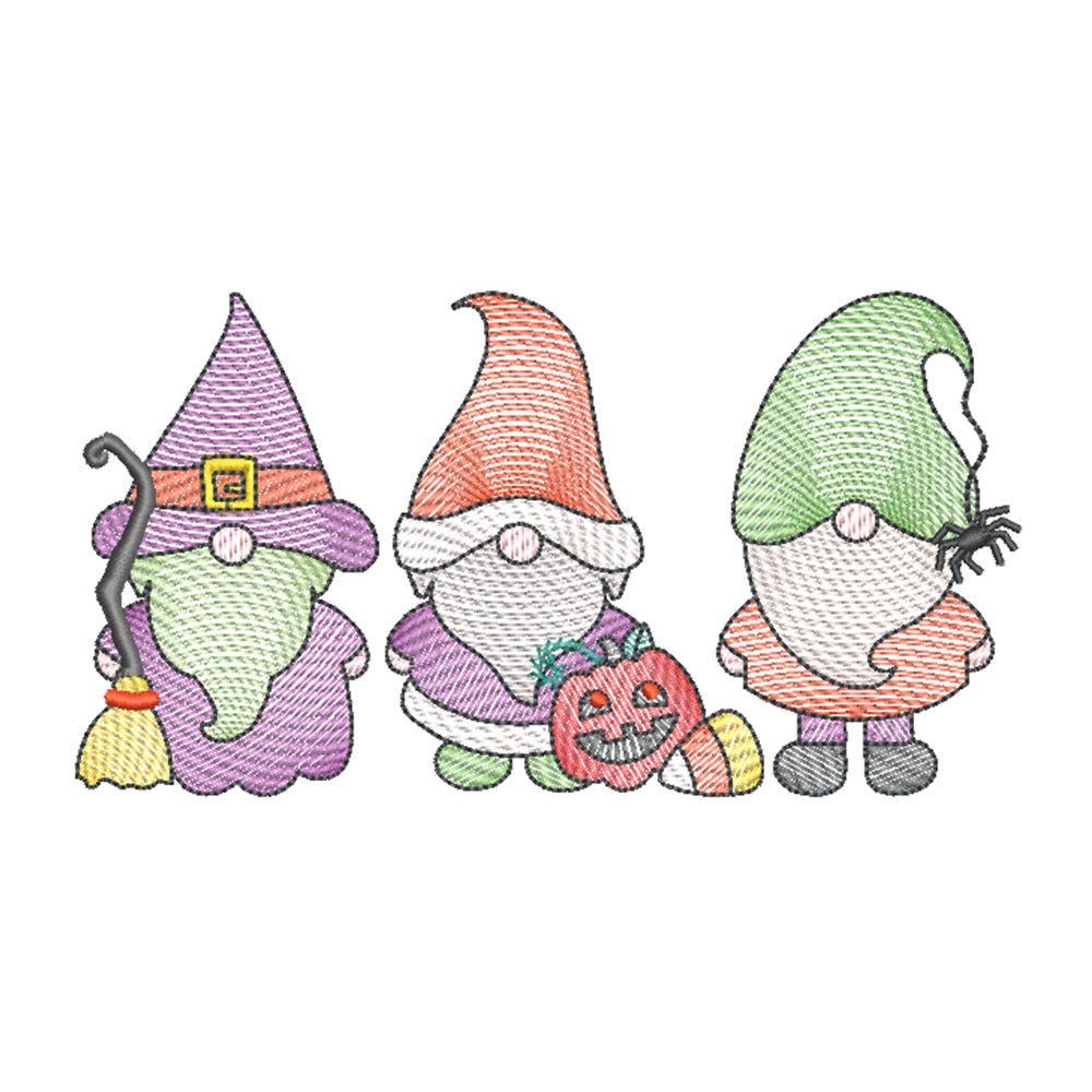FREE Halloween Gnomes Trio Sketch Embroidery Design | Machine Embroidery Designs by JuJu