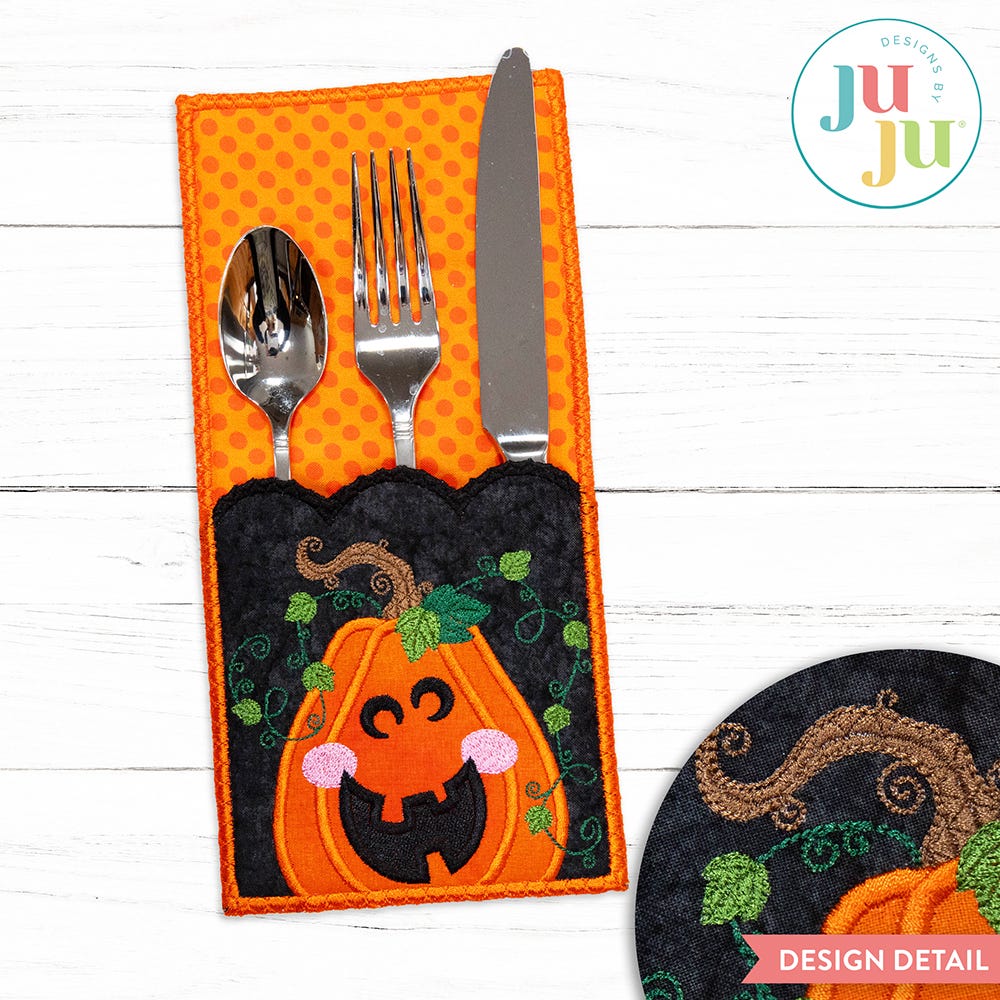 In The Hoop Jack O Lantern Utensil Holder Project | Machine Embroidery Designs by JuJu