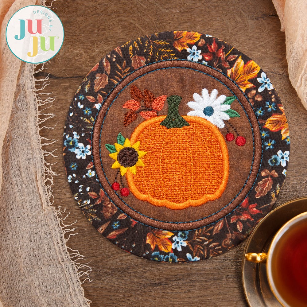 In The Hoop Pretty Pumpkin Coaster Project | Machine Embroidery Designs by JuJu