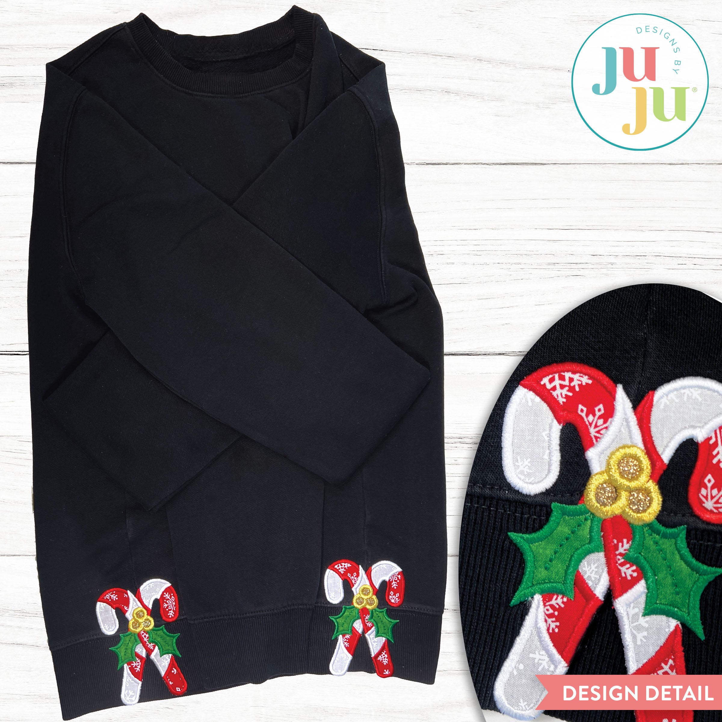                                 Candy Canes Holly Side Seam Cutaway Applique Embroidery Design | Machine Embroidery Designs by JuJu
                            