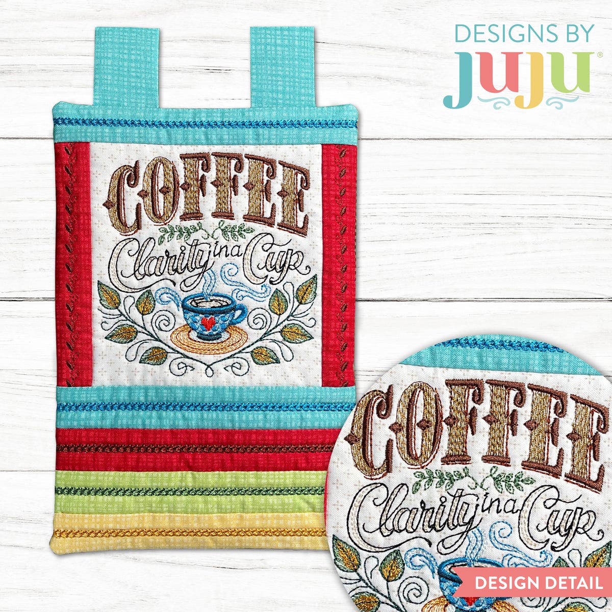 In The Hoop Coffee Clarity in a Cup Mini Wall Hanging Project | Machine Embroidery Designs by JuJu