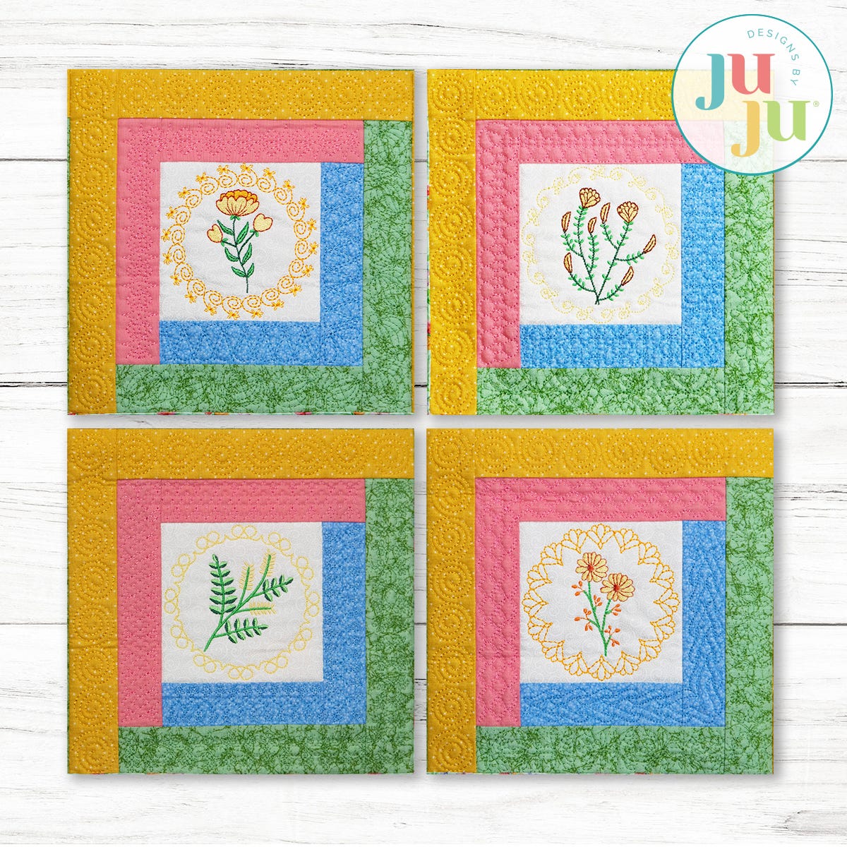 In The Hoop Log Cabin Botanical Blocks Project Set 5 | Machine Embroidery Designs by JuJu