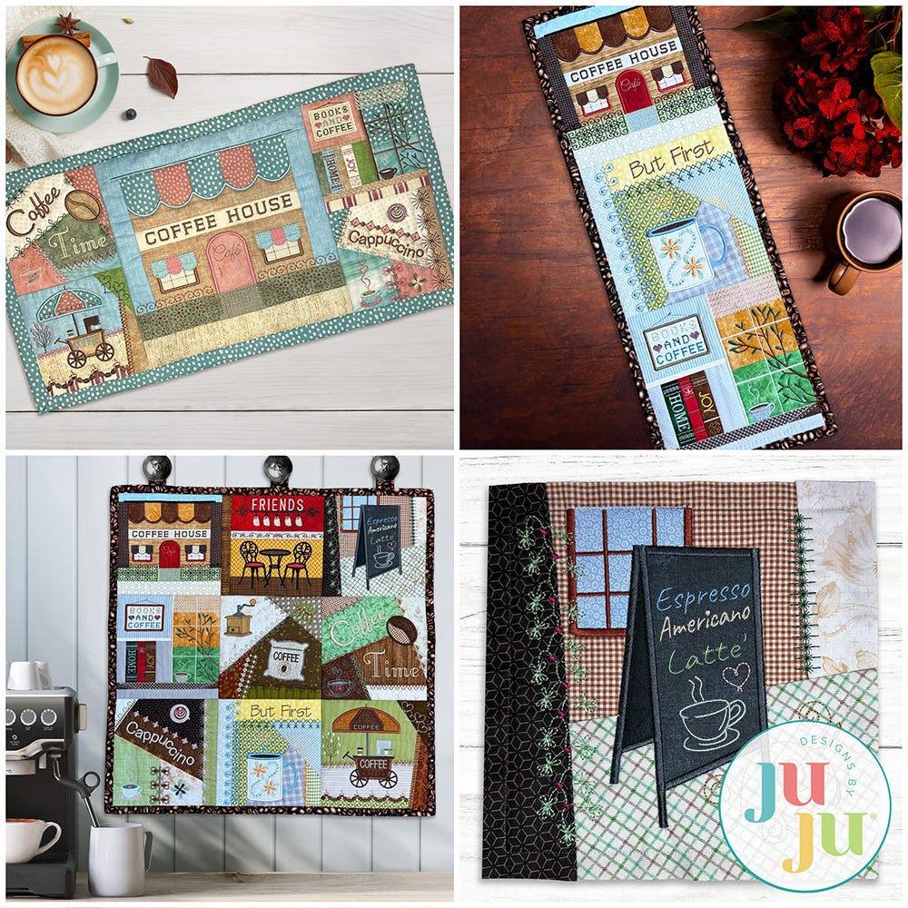 In The Hoop Coffee Crazy Patch Quilt Blocks Project | Machine Embroidery Designs by JuJu