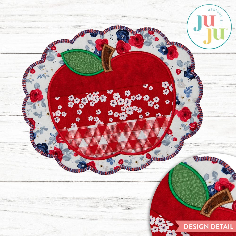 In The Hoop Apple Scalloped Mug Rug Project | Machine Embroidery Designs by JuJu