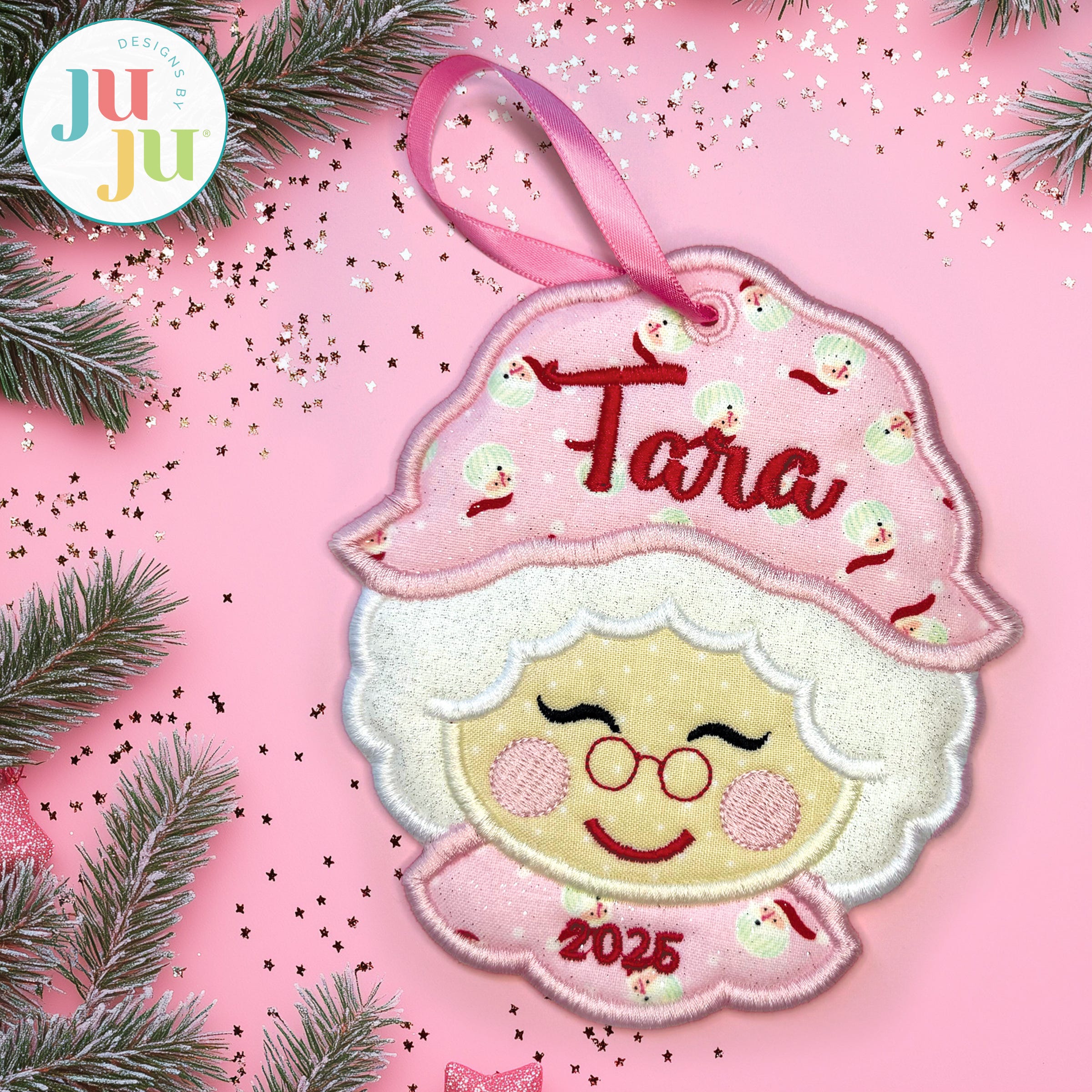 In The Hoop Sweet Mrs Claus Face Ornament Project | Machine Embroidery Designs by JuJu