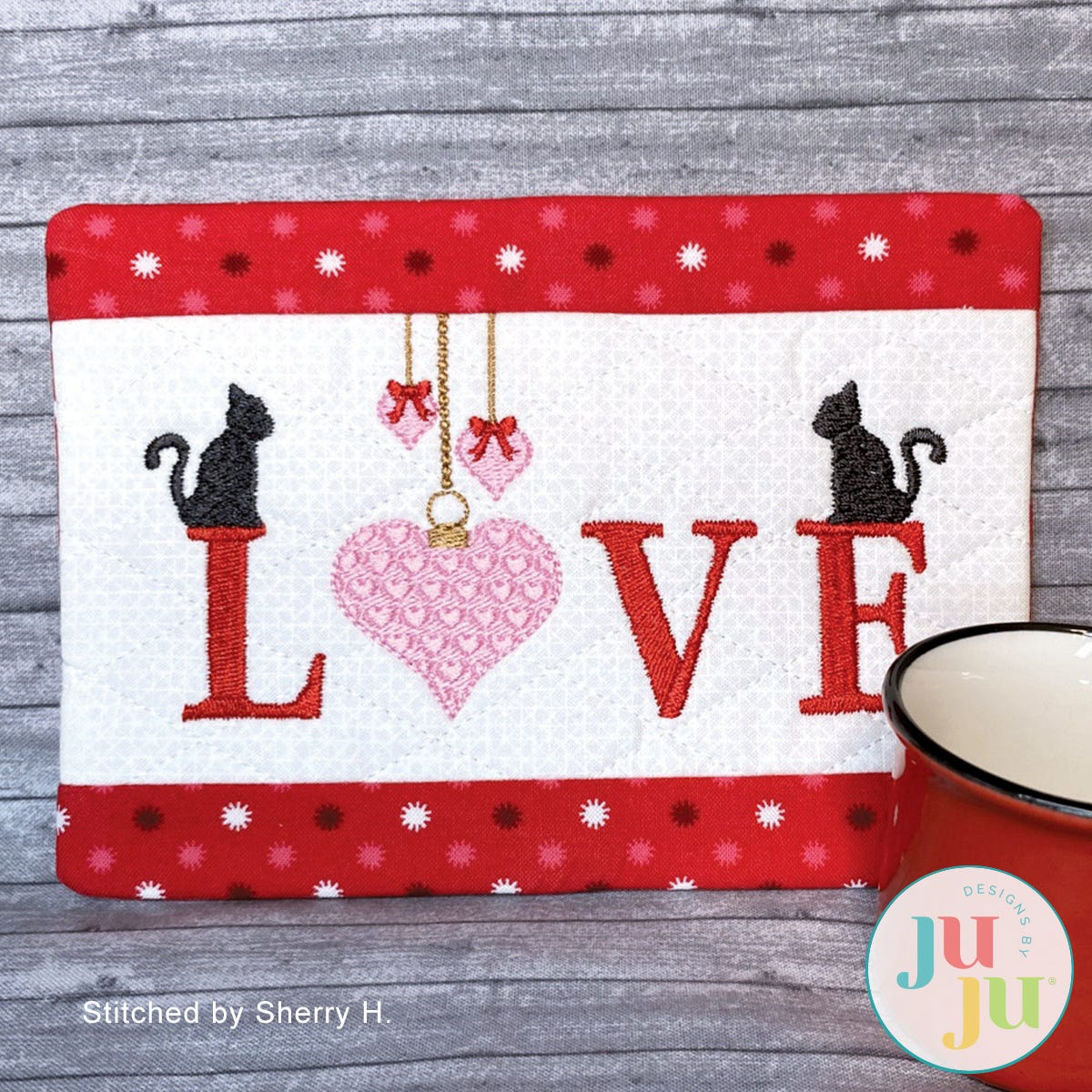 Love Cats Mug Rug by Oma's Place | Machine Embroidery Designs by JuJu